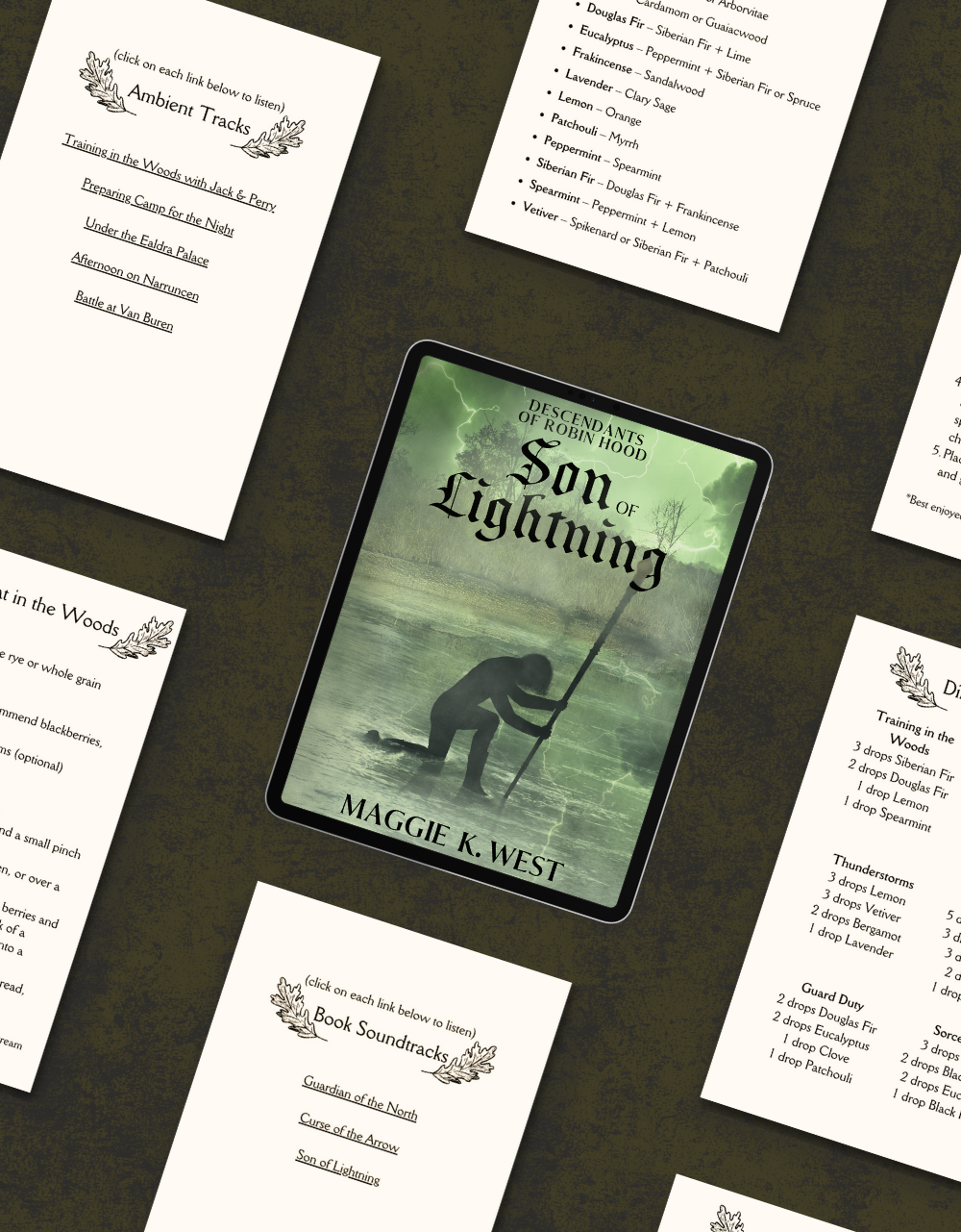 Book titled 'Son of Lightning' by Maggie K. West on a dark surface with other printed materials.