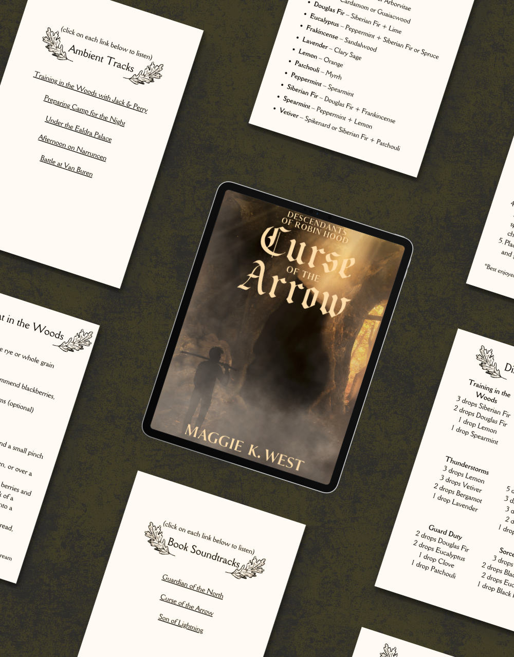 Book titled 'Curse of the Arrow' by Maggie K. West on a dark surface with white printed pages.