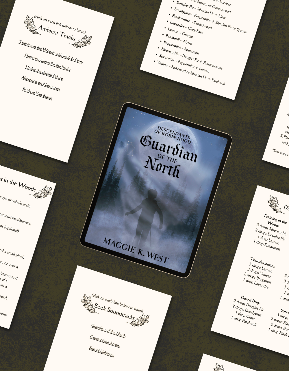 E-reader displaying 'Guardian of the North' by Maggie K. West on a dark surface with printed pages.