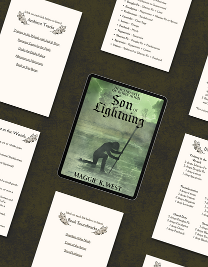 Book titled 'Son of Lightning' by Maggie K. West on a dark surface with other printed materials.