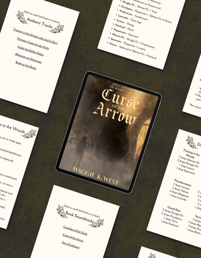 Book titled 'Curse of the Arrow' by Maggie K. West on a dark surface with white printed pages.