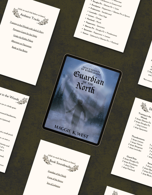 E-reader displaying 'Guardian of the North' by Maggie K. West on a dark surface with printed pages.